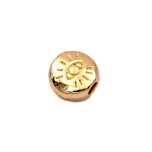 Perle plate ronde en laiton doré gravé oeil 6mm - Trou: 1.2mm (1)